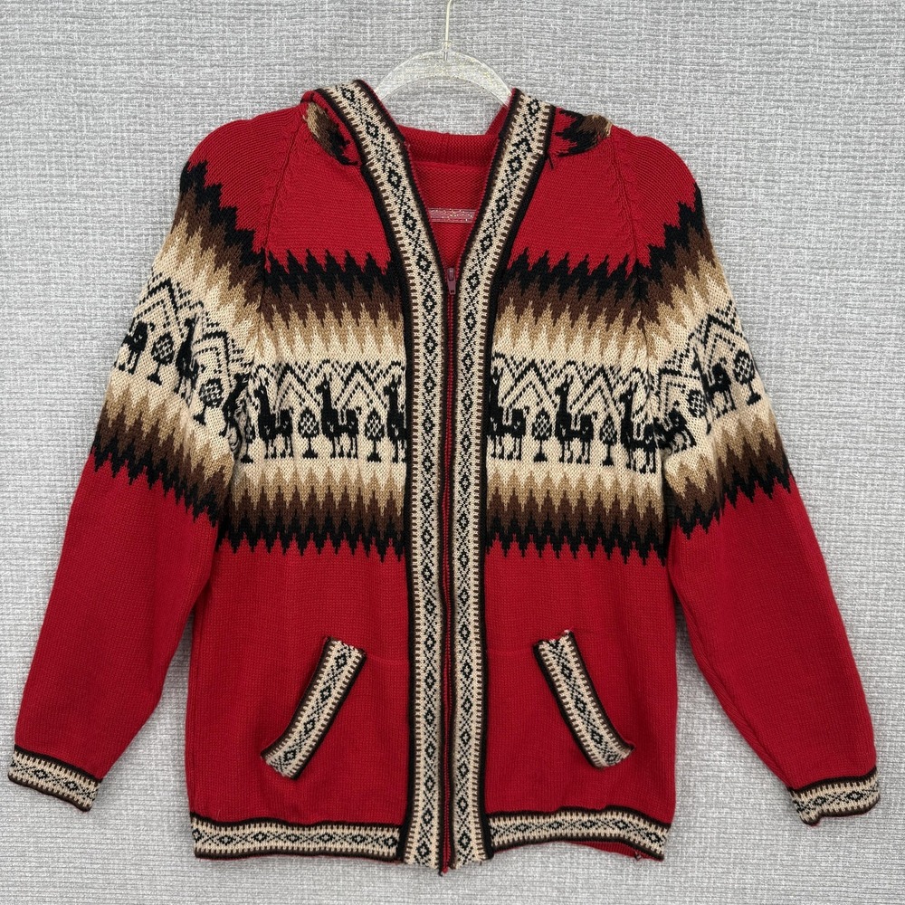 Peruvian Llama Sweater Womens Medium Red Hooded Zip Cardigan Knit Boho Pattern